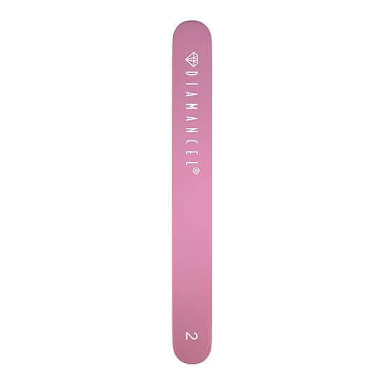 pink back side of a Diamancel medium grain diamond nail file for natural nails of average thickness.  in regular size 18 cm